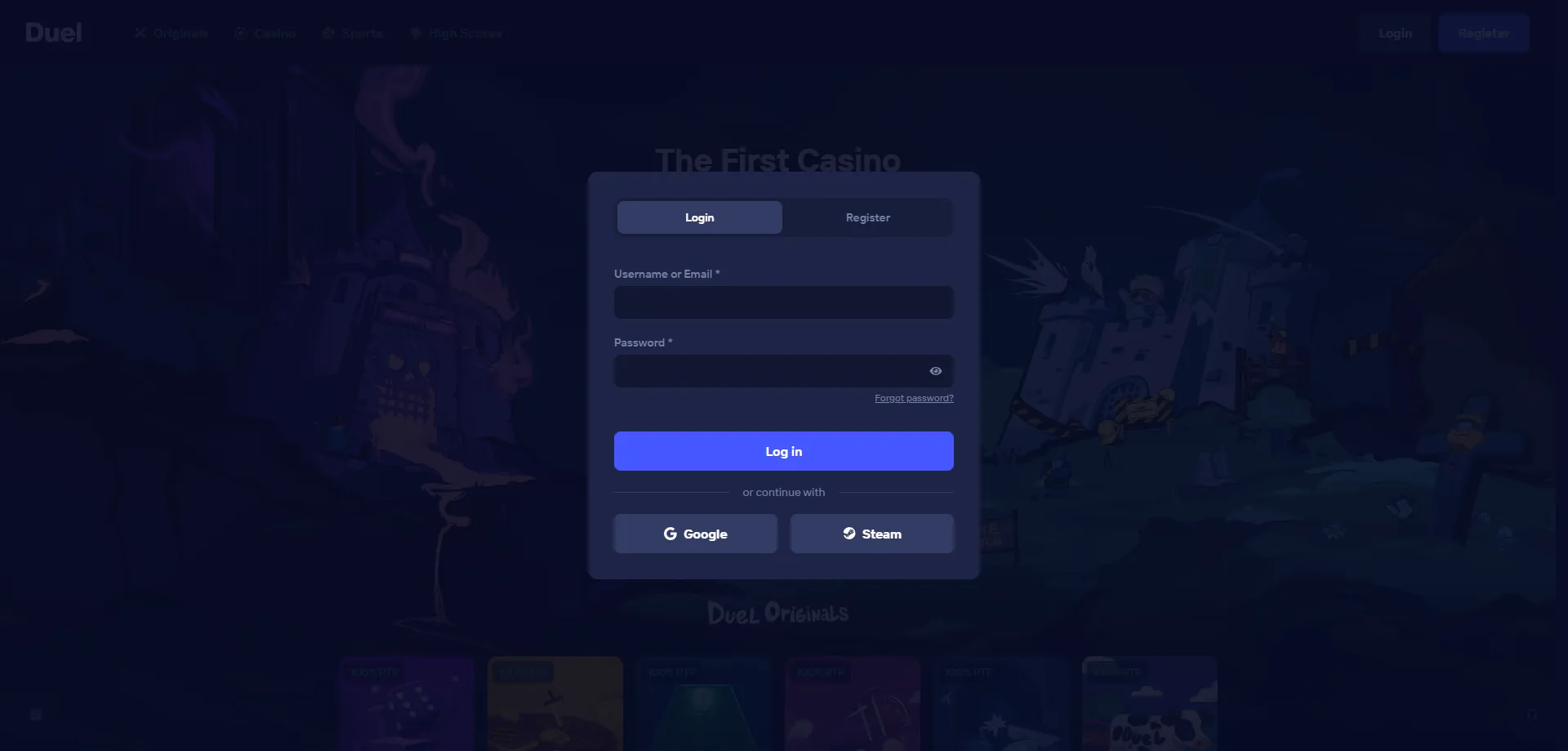 Duel Casino — tela de login e cadastro rápido sem KYC